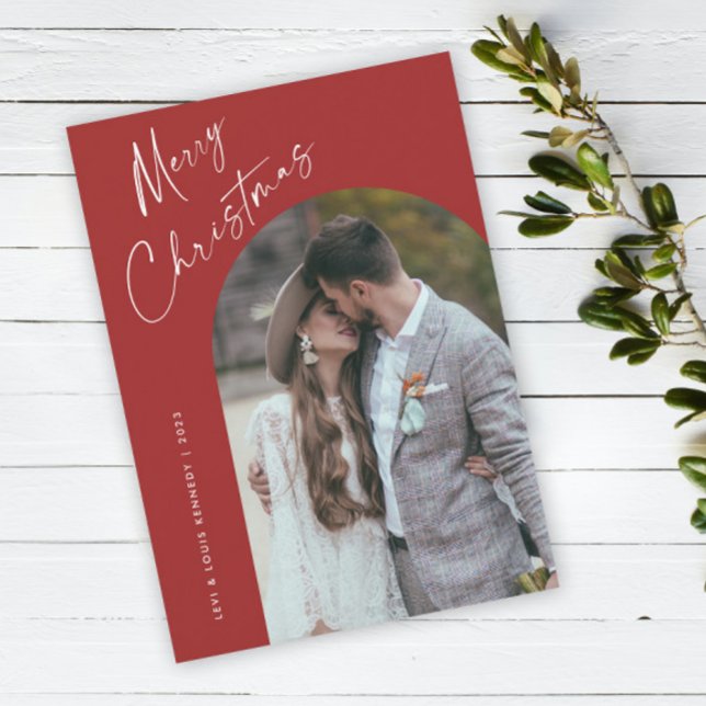 Einfaches Script Boho Arch Weihnachten (Simple script boho arch photo Christmas holiday card with modern elegant handwritten typography.)