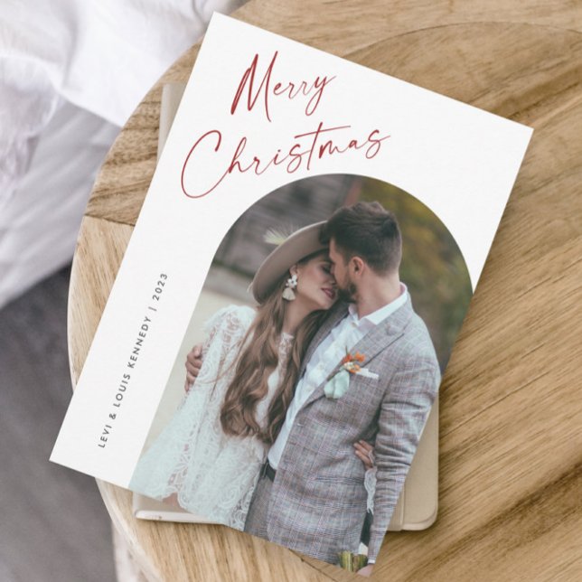 Einfaches Script Boho Arch Weihnachten (Simple script boho arch photo Christmas holiday card with modern elegant handwritten typography.)