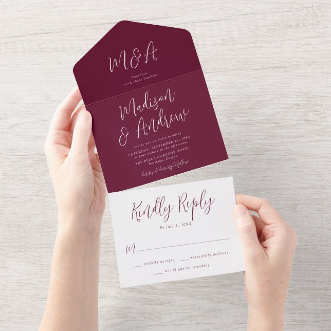 Einfaches Script Burgundy Wedding All In One Einladung (Abreißen)