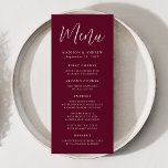 Einfaches Script Burgundy Wedding Menükarte<br><div class="desc">Einfaches Hochzeitsmenü mit "Menü",  das in einem weißen Skript mit bordeauxfarbenem Hintergrund angezeigt wird. Personalisieren Sie das burgundische Hochzeitsmenü,  indem Sie Ihre Namen,  das Hochzeitdatum und Menüinformationen hinzufügen. Entworfen,  um mit unserer Simple Script Hochzeitskollektion zu koordinieren.</div>