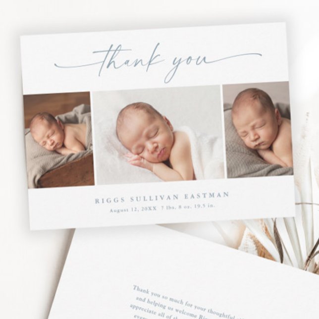 Einfaches Script Foto Collage Baby Dankeskarte (Elegant Dusty Blue Script 3 Photo Collage Baby Thank You Cards.)