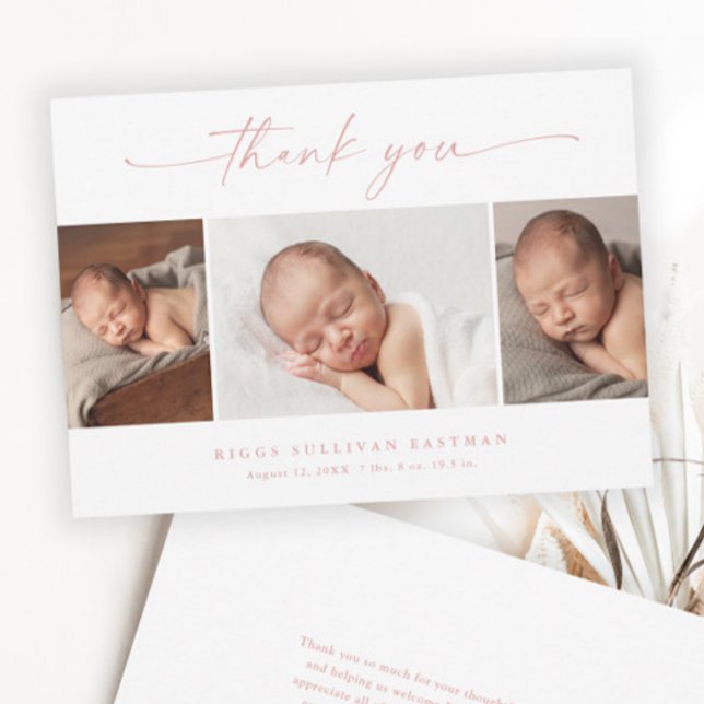 Einfaches Script Foto Collage Baby Dankeskarte (Elegant Dusty Pink Script 3 Photo Collage Baby Thank You Cards.)
