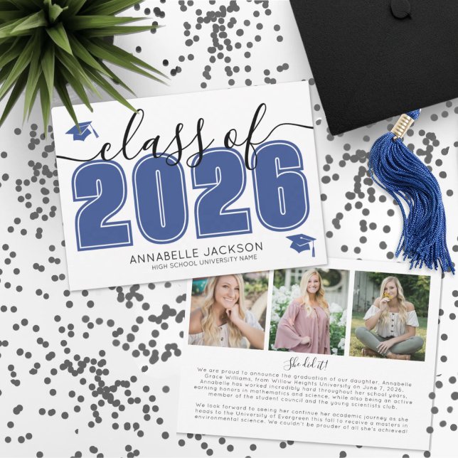 Einfaches Script Graduate Foto Blue Abschluss Ankündigung (Simple Script Graduate Photo Blue Graduation Announcement )