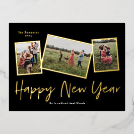 Einfaches Script Happy New Year 3 Foto Collage Gol Folien Feiertagspostkarte