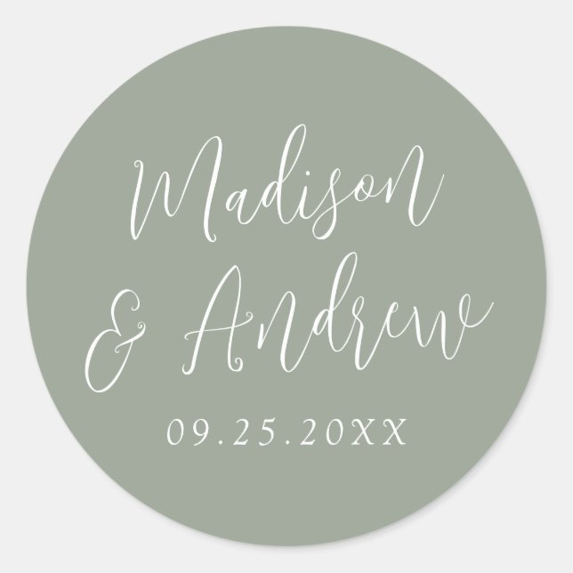 Einfaches Script Personalisiert Sage Green Wedding Runder Aufkleber (Vorderseite)