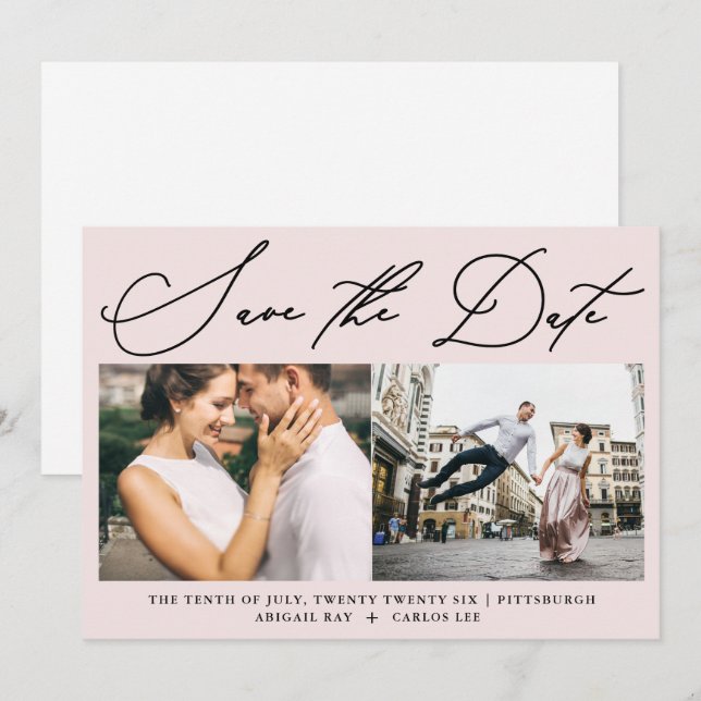 Einfaches Script Roush Rosa Zwei Foto Moderne Save The Date (Vorne/Hinten)