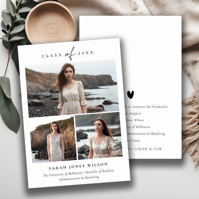 Einfaches Script Schwarz & Weiß 3 Foto Abschluss Ankündigung (Von Creator hochgeladen)