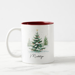 Einfaches Script Watercolor Weihnachtsbaum Rot Zweifarbige Tasse