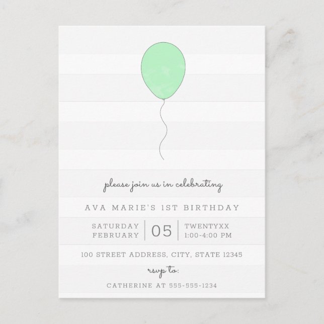Einfaches Shabby Chic Grau und Grüner Ballon Gebur Postkarte (Vorderseite)