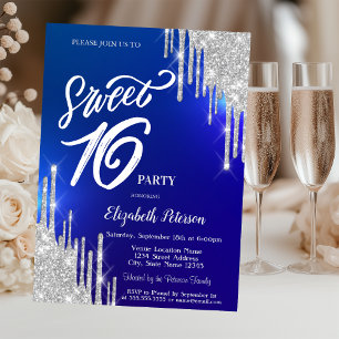 Einfaches Silber-Glitter-Tropfen Blau Sweet 16 Einladung