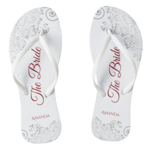 Einfaches Silver Lace & Red Script The Bride Weddi Flip Flops