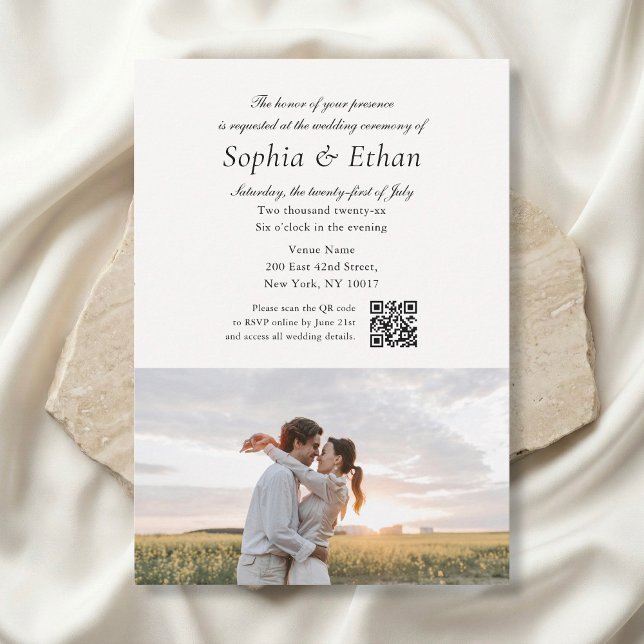 Einfaches Skript 2 Foto QR Code Off White Hochzeit Einladung (Von Creator hochgeladen)