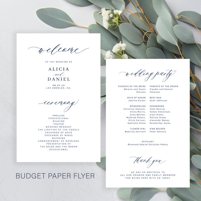 Einfaches Skript Budget Navy Weiß Hochzeitsprogram Flyer (Von Creator hochgeladen)