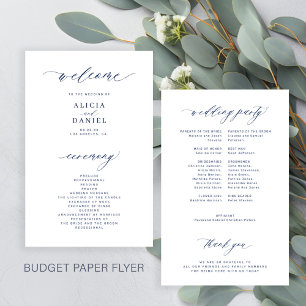 Einfaches Skript Budget Navy Weiß Hochzeitsprogram Flyer