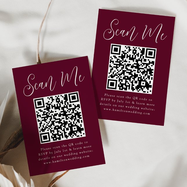 Einfaches Skript-Burgund QR-Code Hochzeit RSVP Begleitkarte (Von Creator hochgeladen)