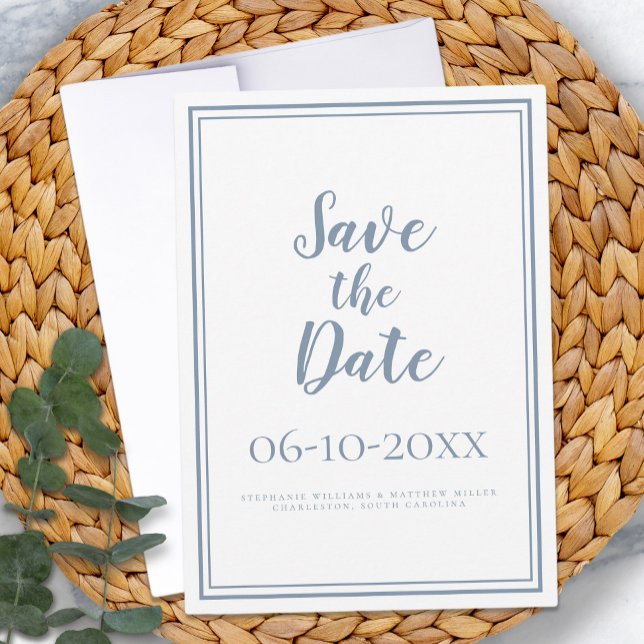 Einfaches Skript Dusty Blue Moderne Minimalistisch Save The Date (Simple Script Dusty Blue Modern Minimalist Wedding Save The Date)