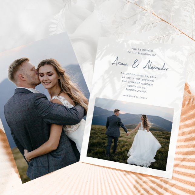 Einfaches Skript Dusty Blue Two Foto Hochzeit Einladung (Von Creator hochgeladen)