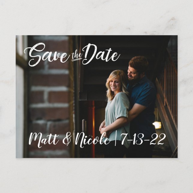 Einfaches Skript-Foto Save the Date Postkarte (Vorderseite)