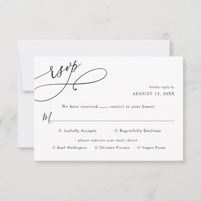 Einfaches Skript Hochzeit Rsvp mit Menü Optionen K Karte (Vorderseite)