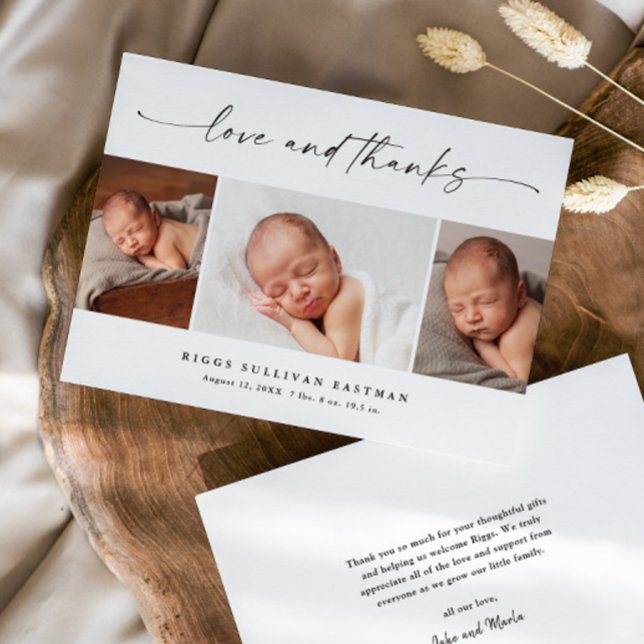 Einfaches Skript Liebe und Dankeschön Foto-Collage Dankeskarte (Modern script love and thanks 3 photo baby thank you cards.)