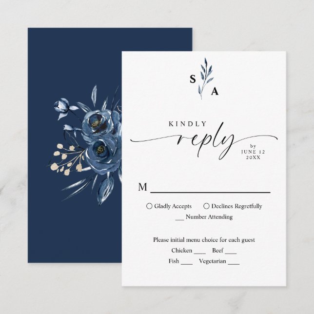 Einfaches Skript Marineblaue Botanische Monogramm- RSVP Karte (Vorne/Hinten)