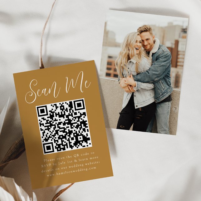 Einfaches Skript Ochre Foto QR Code Hochzeit RSVP Begleitkarte (Von Creator hochgeladen)