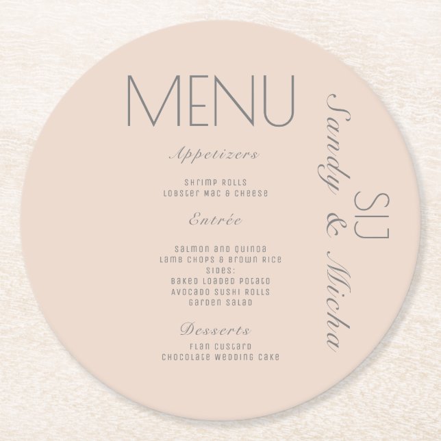 Einfaches Skript Pink Gray Wedding Dinner Menü Runder Pappuntersetzer (Vorderseite)