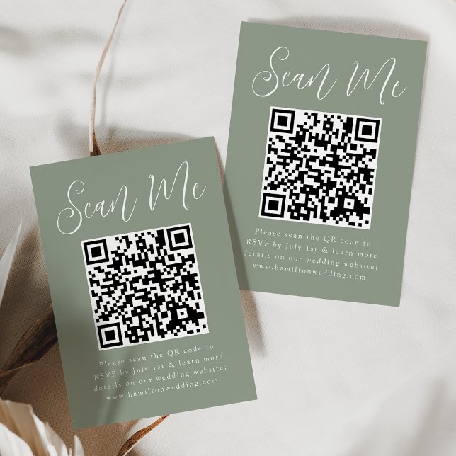 Einfaches Skript-Sage Green QR Code Hochzeit RSVP Begleitkarte (Von Creator hochgeladen)
