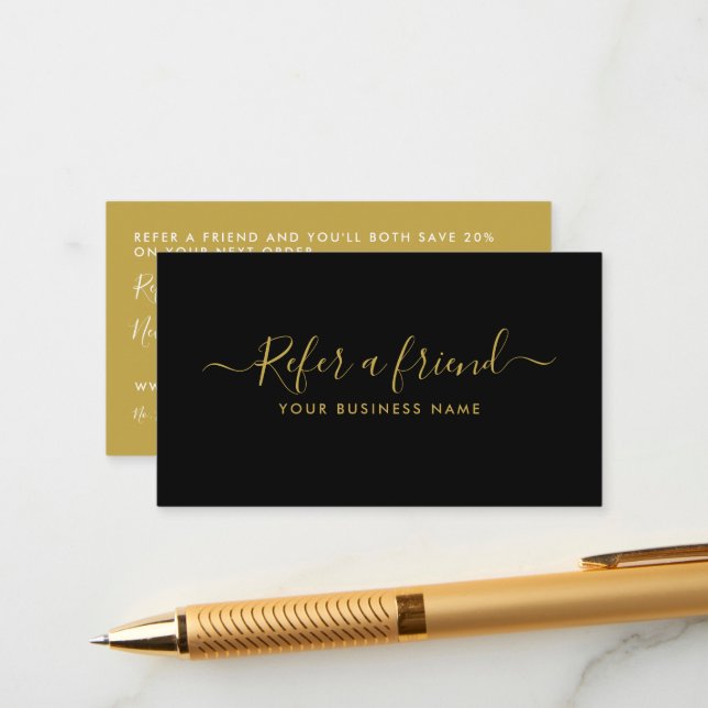 Einfaches Skript - Schwarz & Gold - Empfehlungskar Begleitkarte (Vorderseite/Rückseite Beispiel)