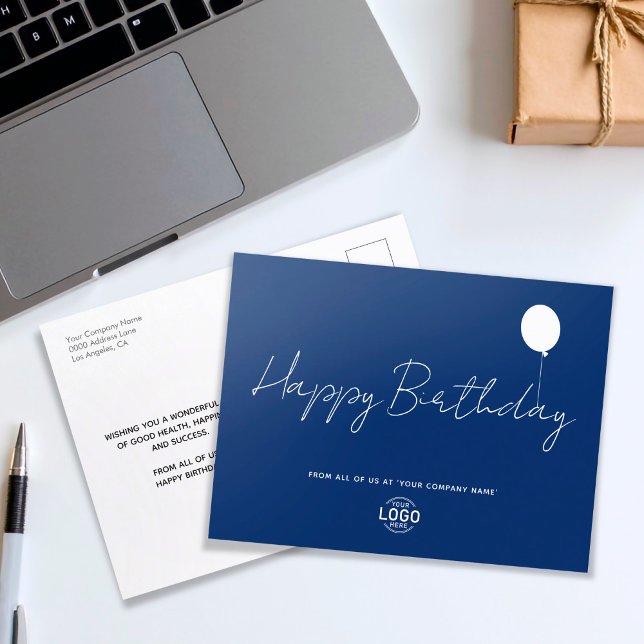 Einfaches Skriptlogo Navy Bue Business Geburtstag Postkarte (Von Creator hochgeladen)