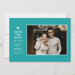 Einfaches Solid Color Modernes Herz-Foto   Aqua Save The Date