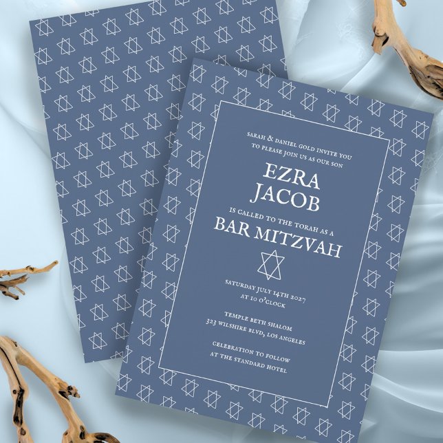 Einfaches Star von David Custom B'nai Bat Bar Mitz Einladung (Simple Star of David Pattern Minimalist Elegant Custom B'nai Bat Bar Mitzvah Invitation Blue White
)