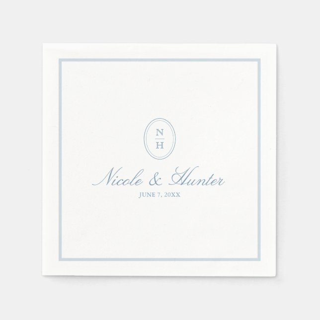 Einfaches staubblaues Monogramm-Wappen Hochzeitsem Serviette (Vorderseite)