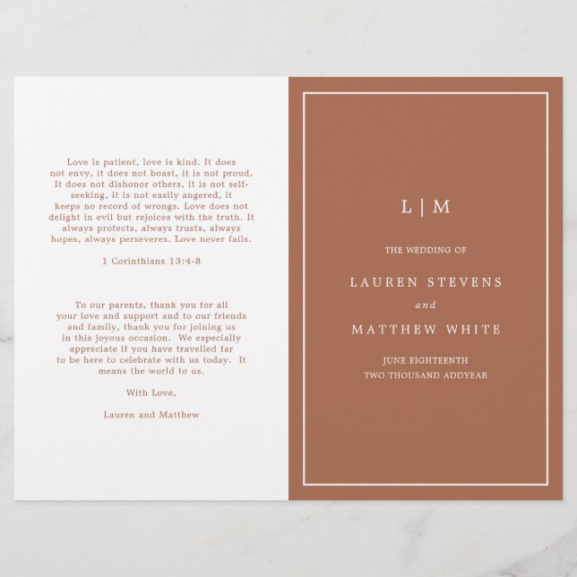 Einfaches Terracotta Monogram Elegant Wedding Prog (Vorderseite)