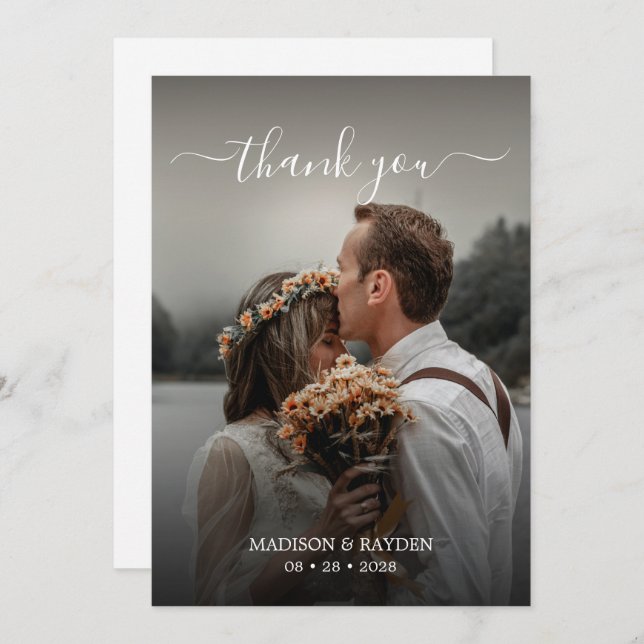 Einfaches Terracotta Script Overlay Wedding Foto Dankeskarte (Vorne/Hinten)