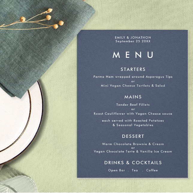 Einfaches Text Dusty Navy Blue Wedding Menu Poster (Von Creator hochgeladen)