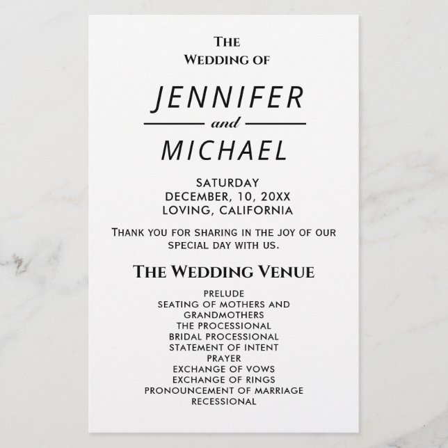 Einfaches Typografie-Schlicht-Hochzeitsprogramm (Vorderseite)
