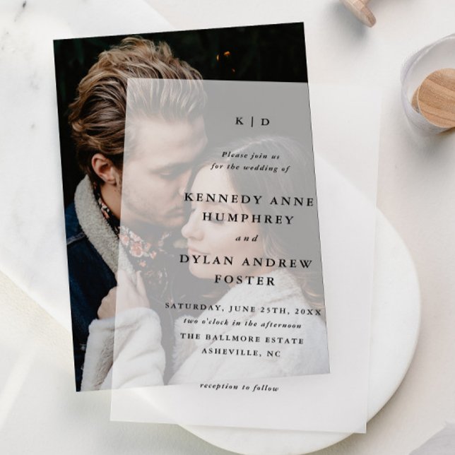 Einfaches typografisches Hochzeitsmonogramm (Simple Monogram Minimal Vellum Wedding Invitations. Pair with a photo or use on their own.)