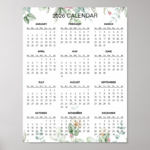 Einfaches und elegantes Blumenkalender 2026    Poster
