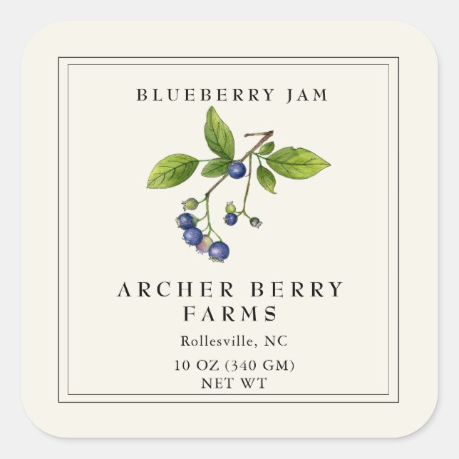 Einfaches Vintages Blueberry-Jam-Jar-Label Quadratischer Aufkleber (Vorderseite)