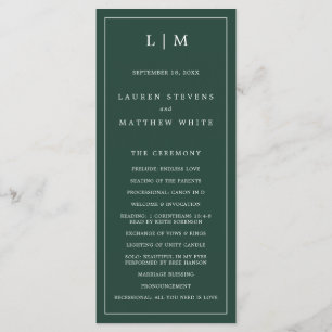 Einfaches Waldgrün-Monogramm Elegante Hochzeit Programm