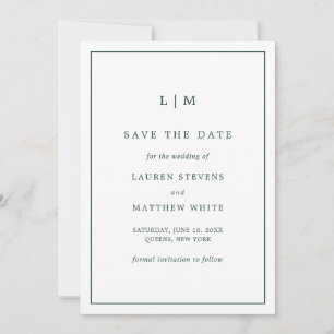 Einfaches Waldgrün-Monogramm Elegante Hochzeit Save The Date