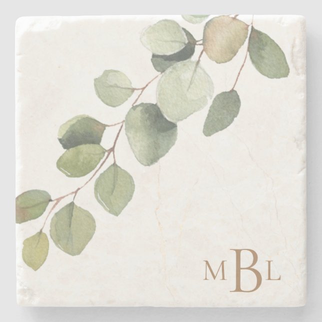 Einfaches Wasserfarben-Eukalyptus-Monogramm Steinuntersetzer (Vorderseite)