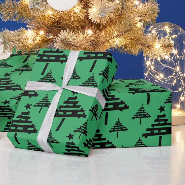 Einfaches Weihnachtsbaum-Muster Schwarz Grün Urlau Geschenkpapier (Feiertage)
