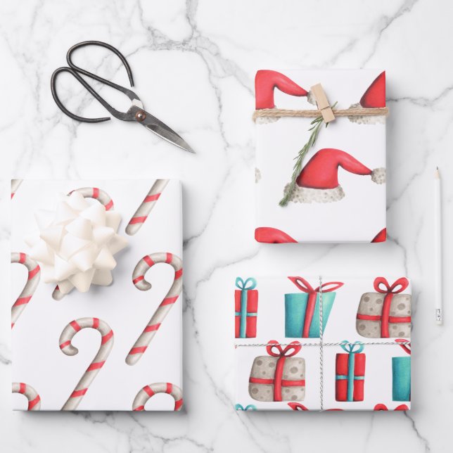 Einfaches Weihnachtsmuster Candy Cane Weihnachtsma Geschenkpapier Set (Vorderseite)