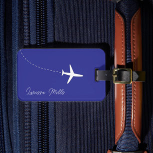 Einfaches weißes Flugzeug mit gepunkteter Route bl Gepäckanhänger