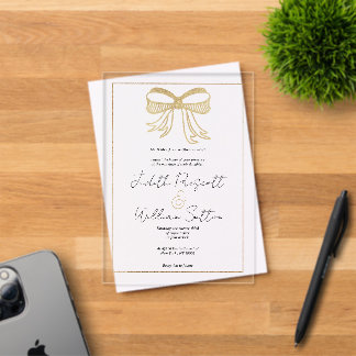 Einfaches weißes Gold-Glitter-Bogenband Hochzeit Acryleinladungen