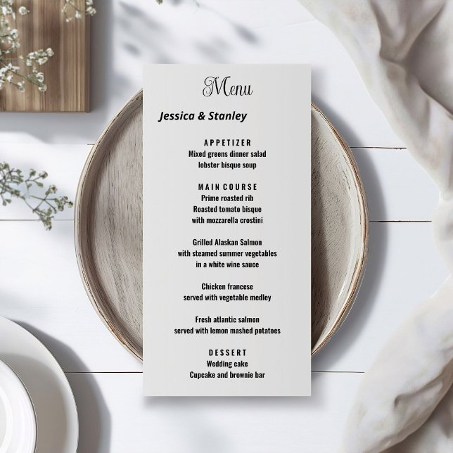Einfaches, weißes Hochzeitsmenü mit Skript Menükarte (Von Creator hochgeladen)