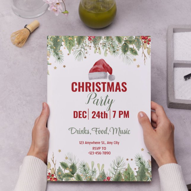 Einfaches Weißes Party Einladung (Simple White Watercolor Floral Christmas Party Invitation)