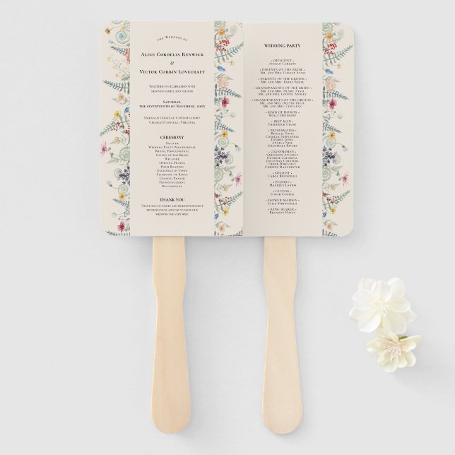 Einfaches Wildblumen-Farn-Beige-Hochzeitsprogramm Fächer (Vorne und Hinten)